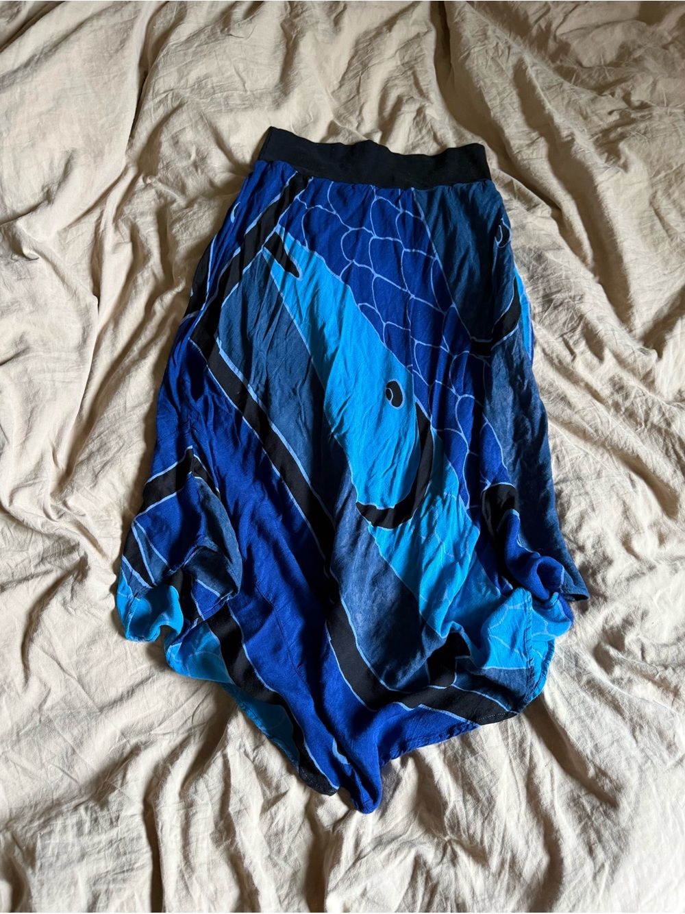 Asymmetrical Blue Patterned Women's Skirt with Elastic Waist